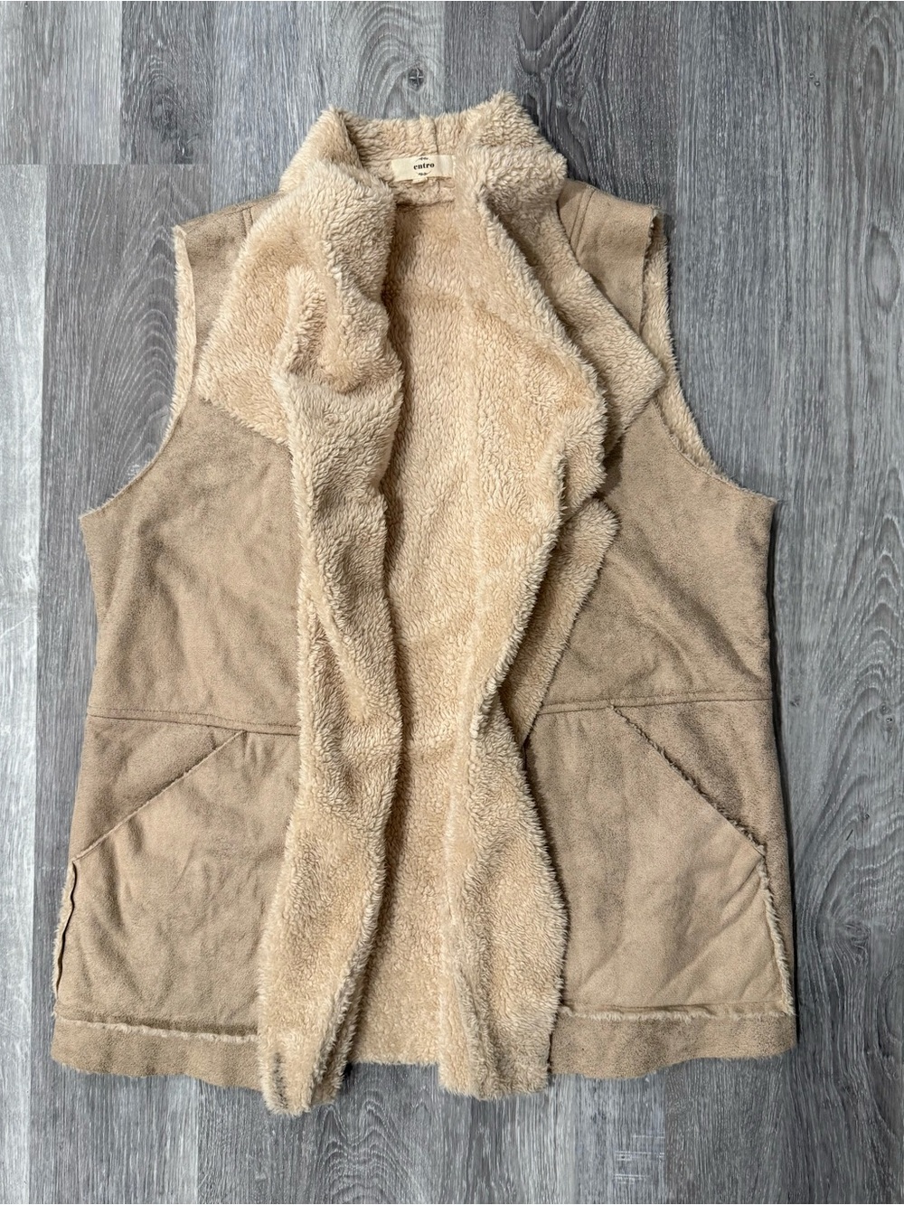 Entro Faux Suede Sherpa Lined Open Front Beige Boho Vest Size L